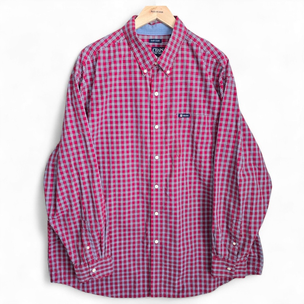 Chaps Shirt Mens 2XB Big Tall Button Down Red Plaid Easy Care Long Sleeve Casual